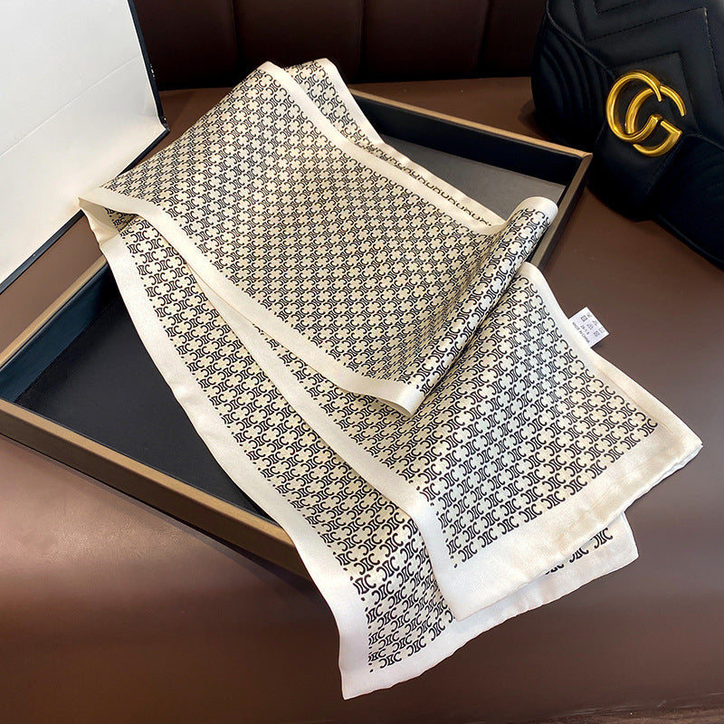 シルクフランス両面ロングスカーフ女性プリント柄ファッションシルク二重リボン