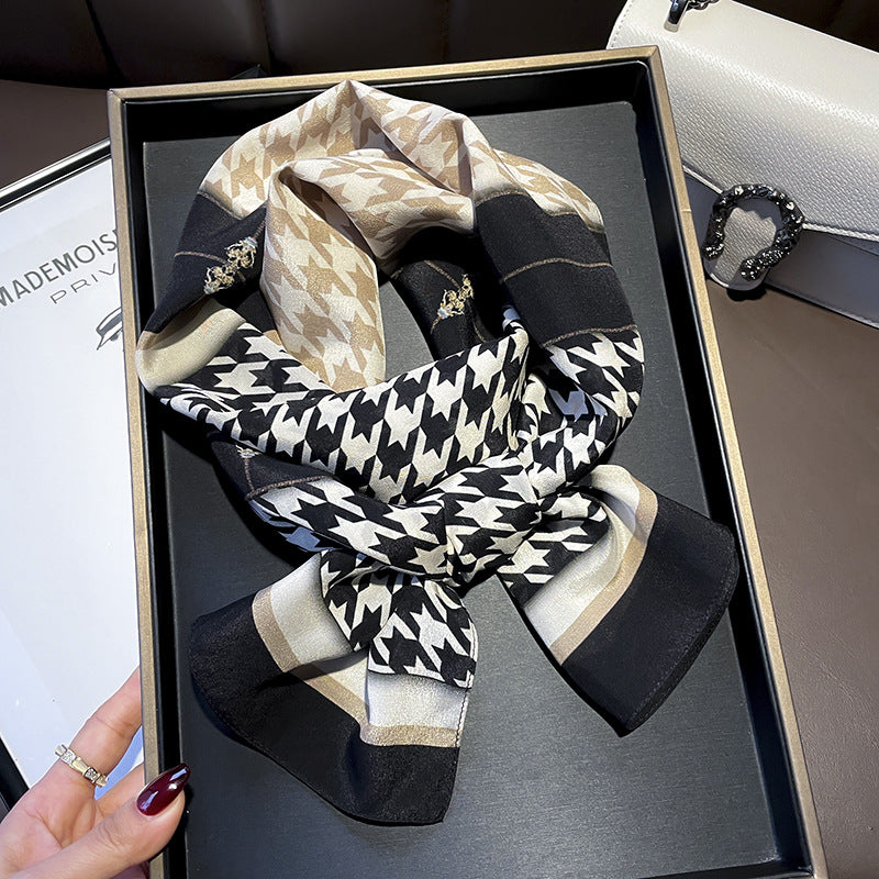 シルクスカーフ千鳥格子カラーマッチングマフラー何とでも合うシルク二重リボンロングスカーフ