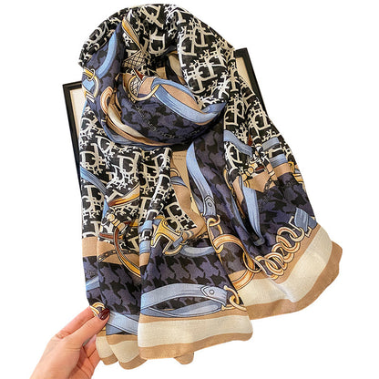 スカーフおしゃれな字母柄チェーンプリント柄綿麻手触りスカーフストール女性