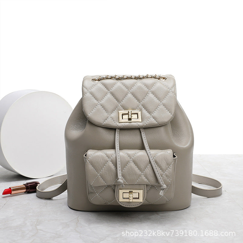 牛革レディースリュックサックチェックチェーンバッグ女性高級感カジュアルランドセル