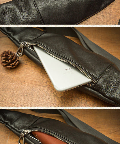 メンズバストバッグ手作り牛革本革製カジュアル携帯電話ウエストポーチスポーツアウトドア個性ファッション男性ショルダーバッグ斜めがけバッグ