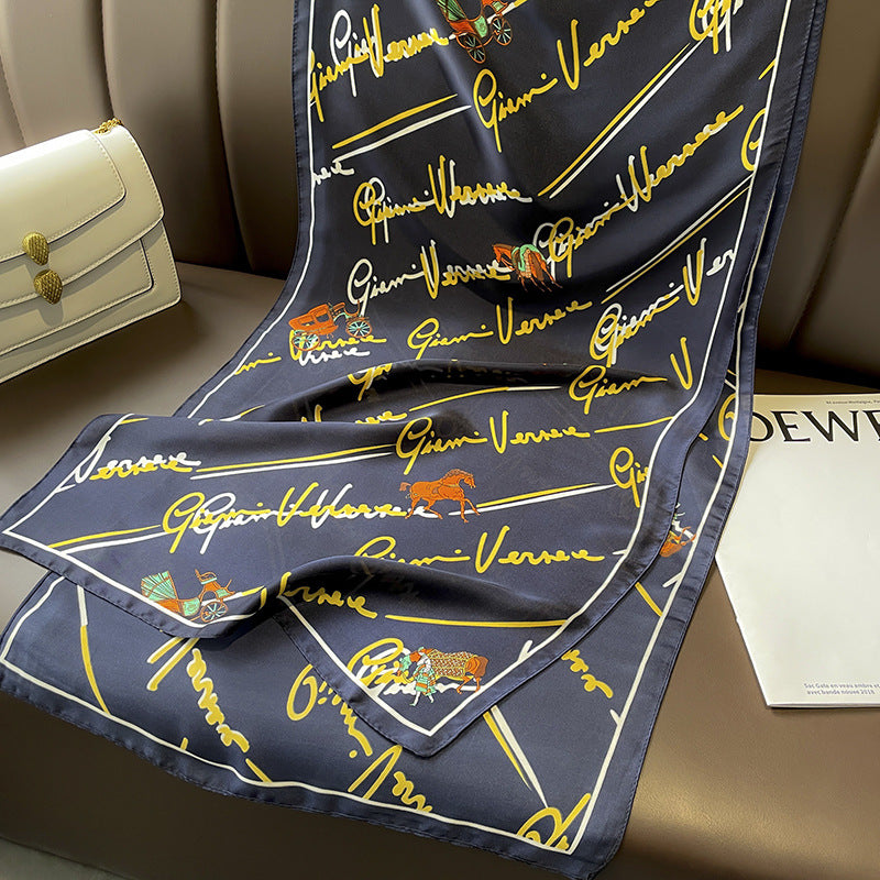 スカーフ字母柄手書きプリント柄シミュレーションシルク長いリボンの大きなリボンファッションスカーフ枚