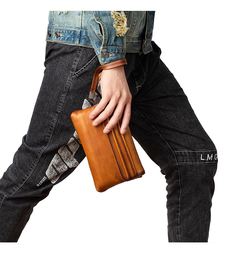 メンズクラッチバッグ牛革本革製レトロカジュアル男性用ハンドバッグ