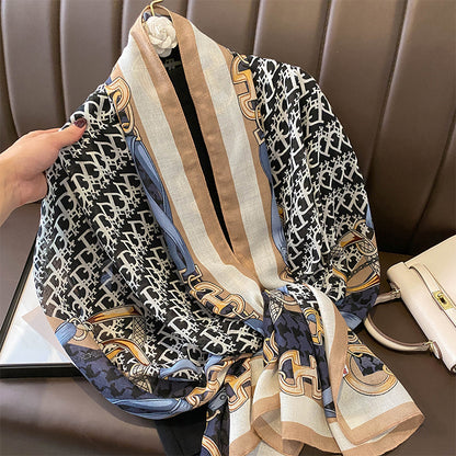 スカーフおしゃれな字母柄チェーンプリント柄綿麻手触りスカーフストール女性