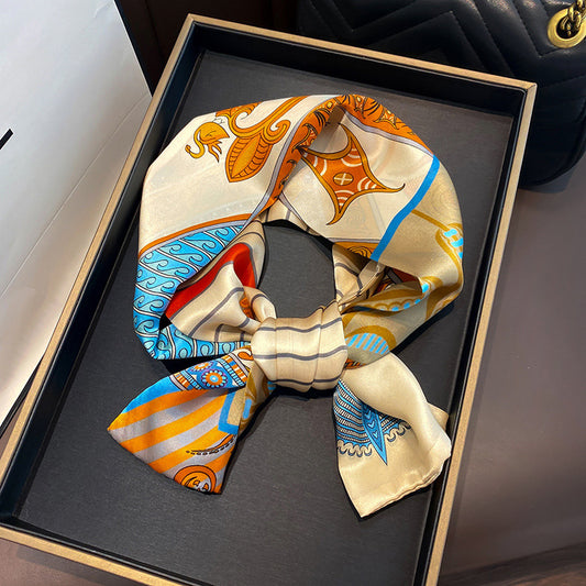 シルクスカーフプリント柄スカーフ気質おしゃれな飾り両面リボンロングスカーフ