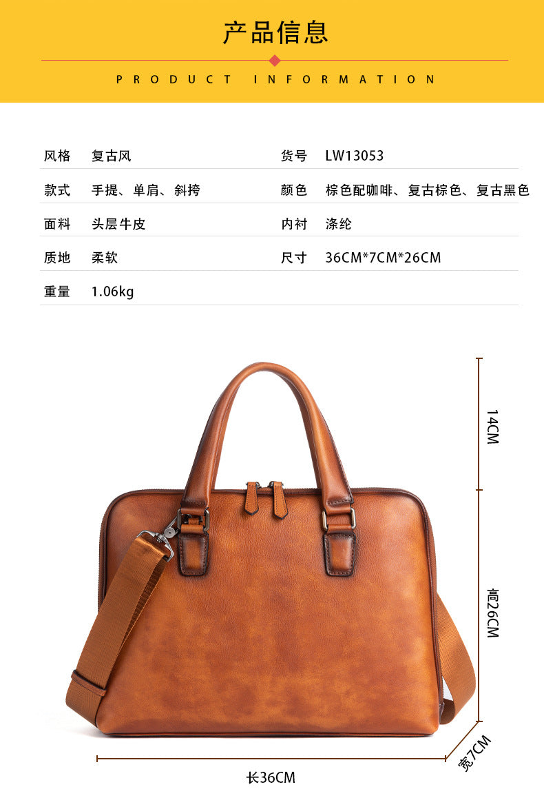 メンズブリーフケース牛革本革製レトロカジュアル男性用斜めがけバッグハンドバッグ