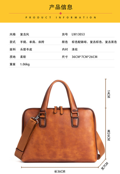 メンズブリーフケース牛革本革製レトロカジュアル男性用斜めがけバッグハンドバッグ