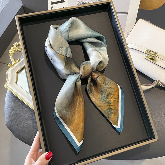 シルクスカーフプリント柄高品質フレンチファッション何とでも合うリボン気質スカーフ