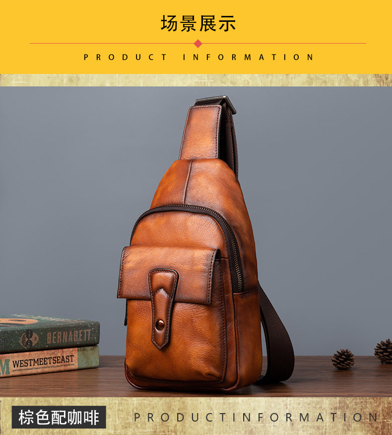 メンズバストバッグ牛革本革製レトロカジュアル男性用斜めがけバッグ