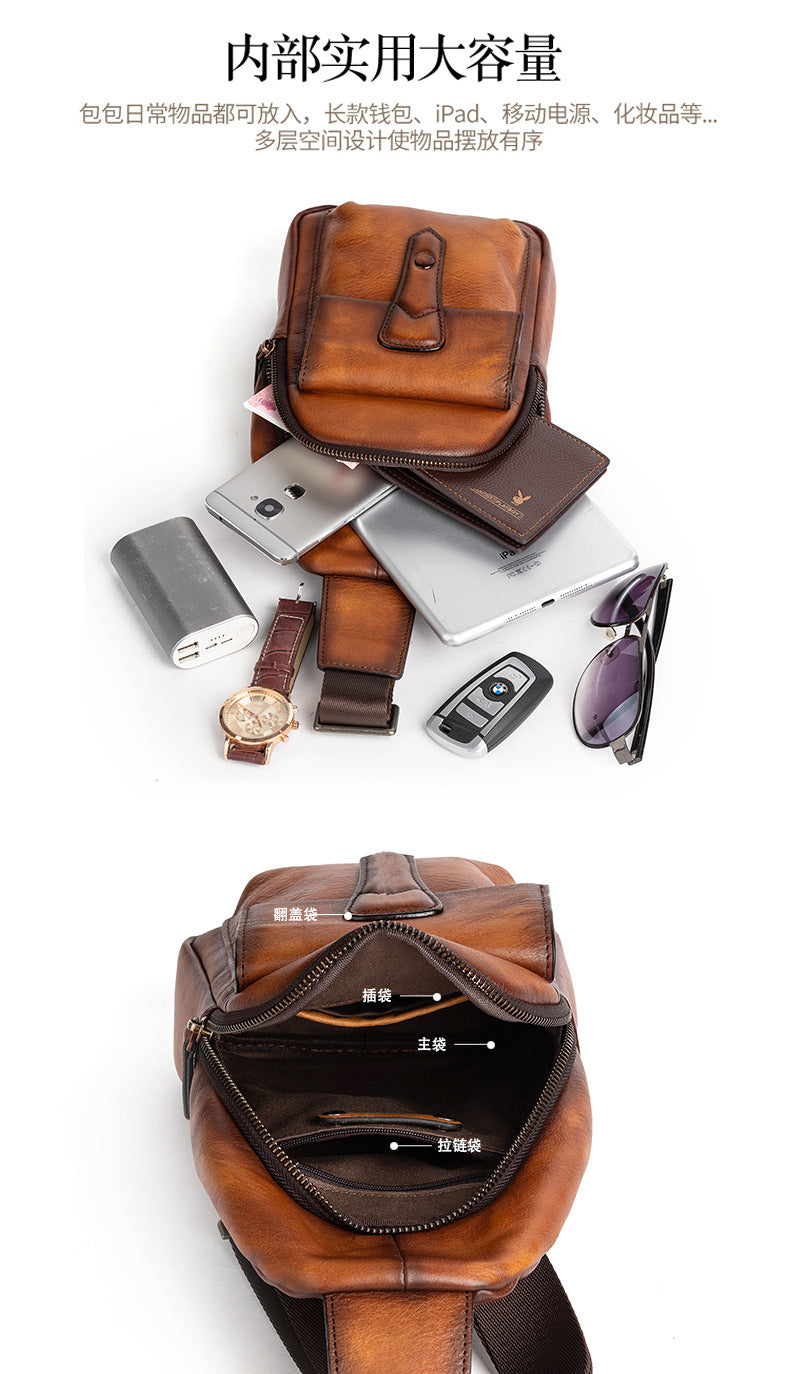 メンズバストバッグ牛革本革製レトロカジュアル男性用斜めがけバッグ