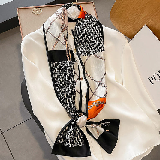 スカーフ字母柄チェーンプリント柄平角の小さなネッカチーフ2重シミュレーションネッカチーフロングリボン女性ins風