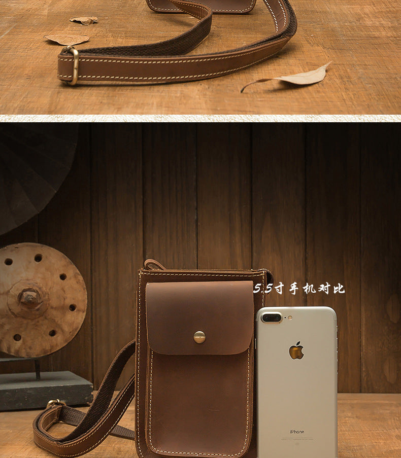 メンズショルダーバッグ 手作り 牛皮本革 クレイジー・ホース 男性用斜めがけバッグ スマホポーチ ウエストポーチ