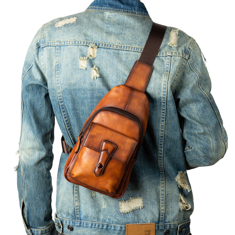 メンズバストバッグ牛革本革製レトロカジュアル男性用斜めがけバッグ