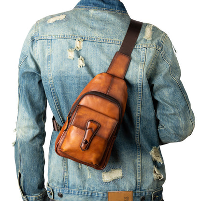 メンズバストバッグ牛革本革製レトロカジュアル男性用斜めがけバッグ