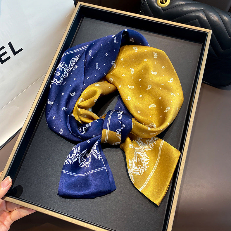 シルクフランス両面ロングスカーフ女性プリント柄ファッションシルク二重リボン