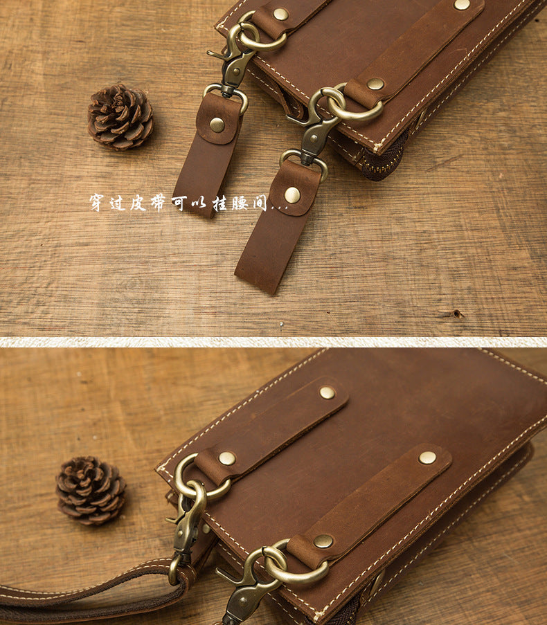 メンズショルダーバッグ 手作り 牛皮本革 クレイジー・ホース 男性用斜めがけバッグ スマホポーチ ウエストポーチ