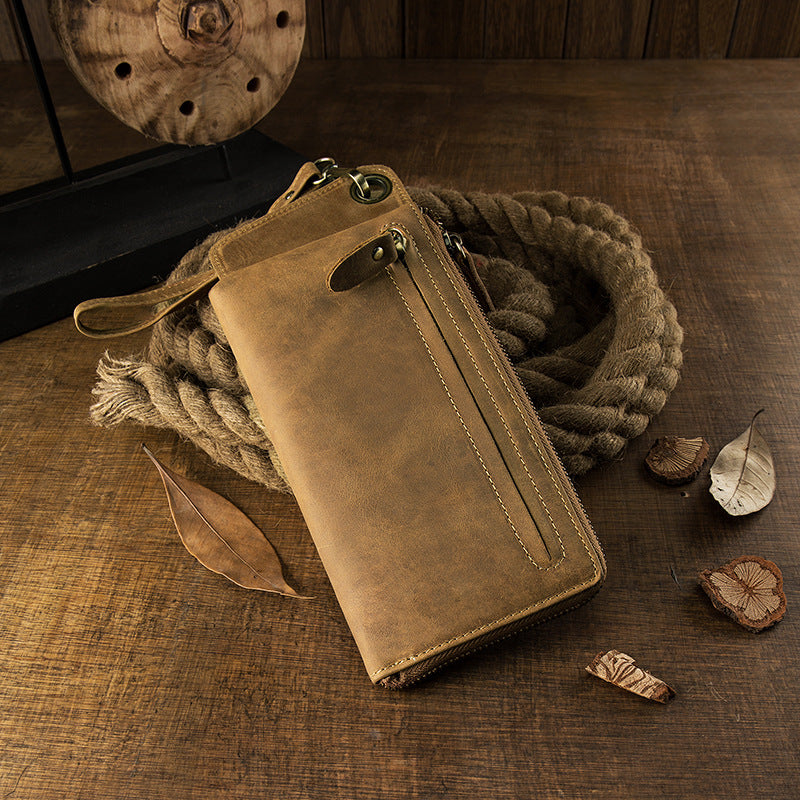 メンズ長財布手作業牛皮本革製クレイジー・ホースレトロカードバッグ大容量ファスナー男性用ウォレット携帯電話バッグ