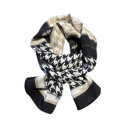 シルクスカーフ千鳥格子カラーマッチングマフラー何とでも合うシルク二重リボンロングスカーフ