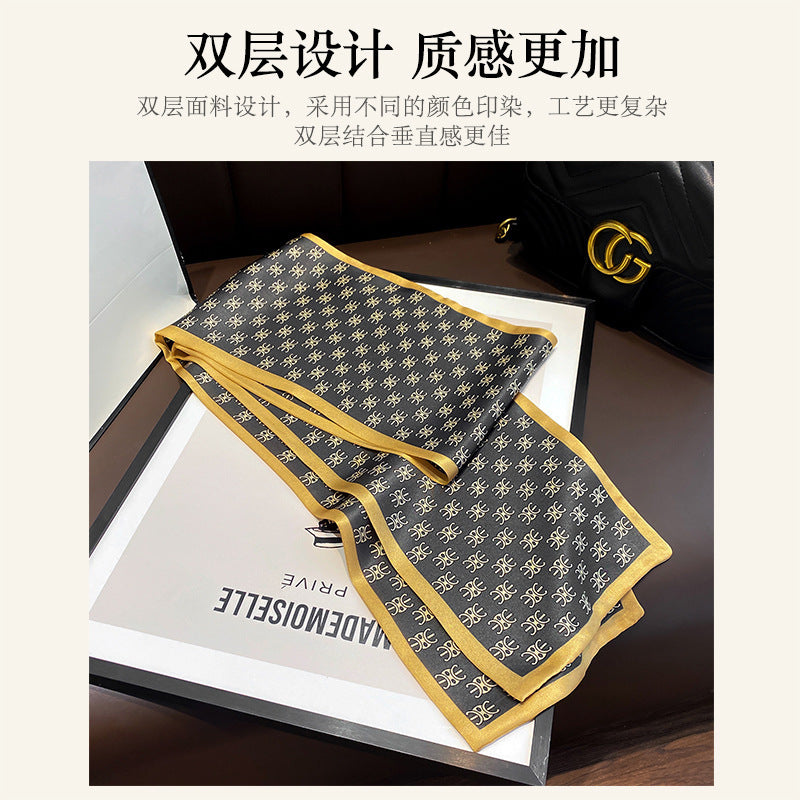 シルクフランス両面ロングスカーフ女性プリント柄ファッションシルク二重リボン