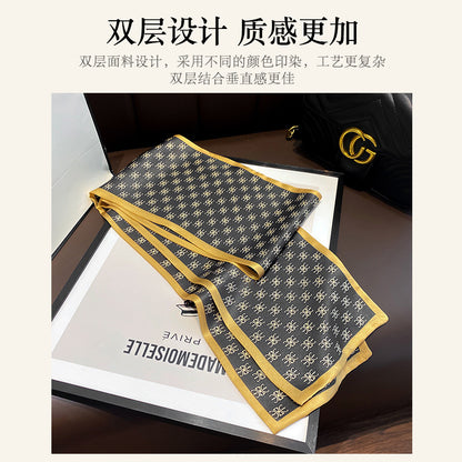 シルクフランス両面ロングスカーフ女性プリント柄ファッションシルク二重リボン