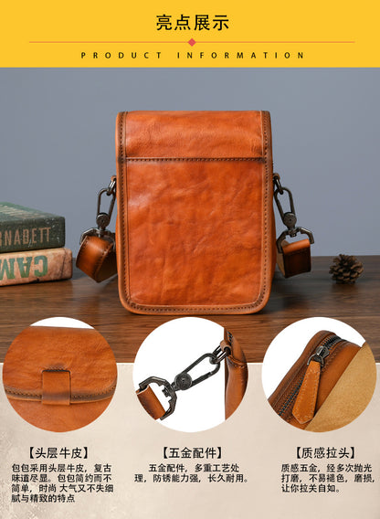 メンズショルダーバッグ牛革本革製レトロカジュアル旅行バッグ男性斜めがけバッグスマホポーチ