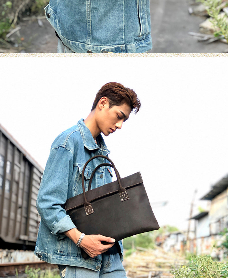 メンズ手提げかばん ハンドバッグ 手作業 韩国ファッション 牛革本革製 カジュアルビジネス用ブリーフケース薄型パソコンバッグ