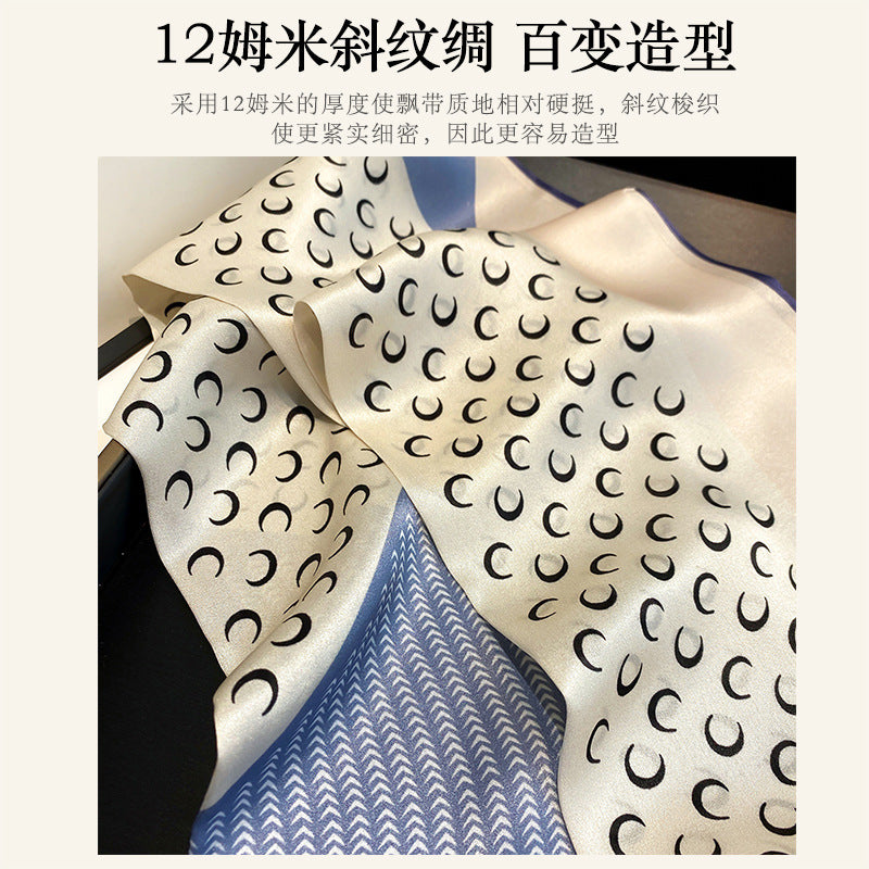 シルクスカーフ二重プリント柄ネクタイロングマフラー女リボン気質ネッカチーフ