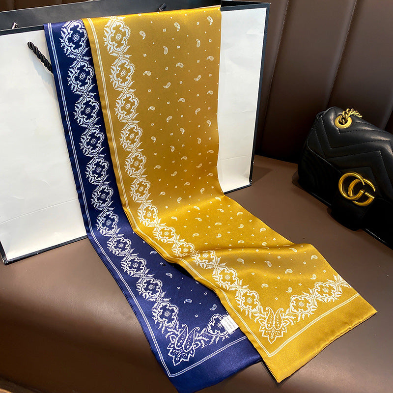 シルクフランス両面ロングスカーフ女性プリント柄ファッションシルク二重リボン