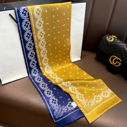 シルクフランス両面ロングスカーフ女性プリント柄ファッションシルク二重リボン