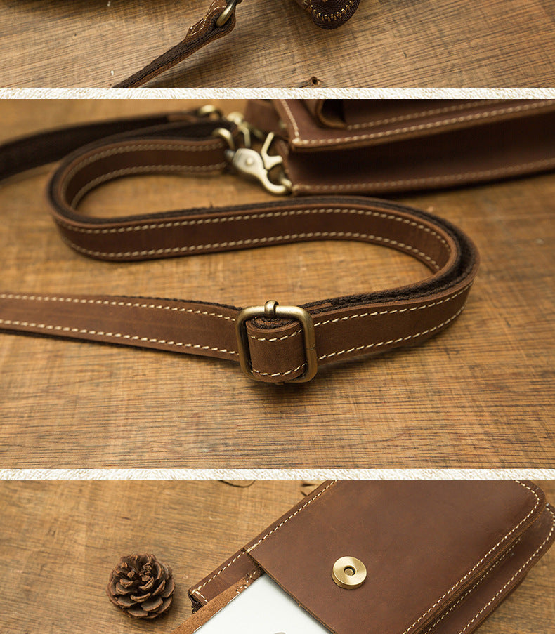 メンズショルダーバッグ 手作り 牛皮本革 クレイジー・ホース 男性用斜めがけバッグ スマホポーチ ウエストポーチ