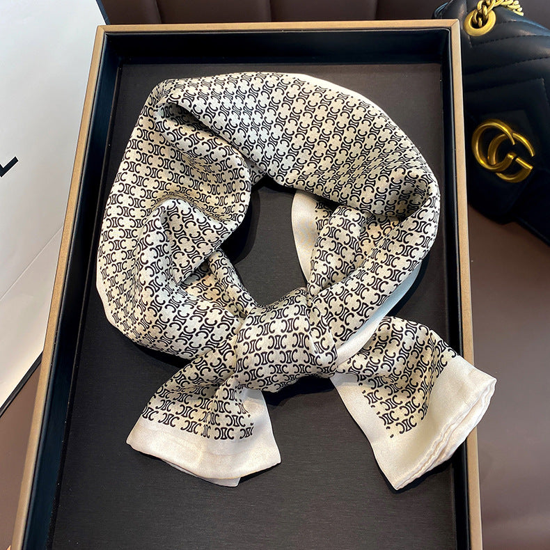 シルクフランス両面ロングスカーフ女性プリント柄ファッションシルク二重リボン