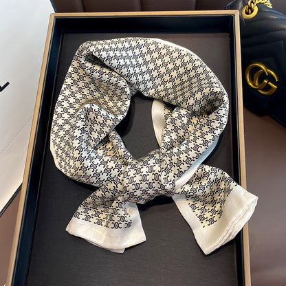 シルクフランス両面ロングスカーフ女性プリント柄ファッションシルク二重リボン