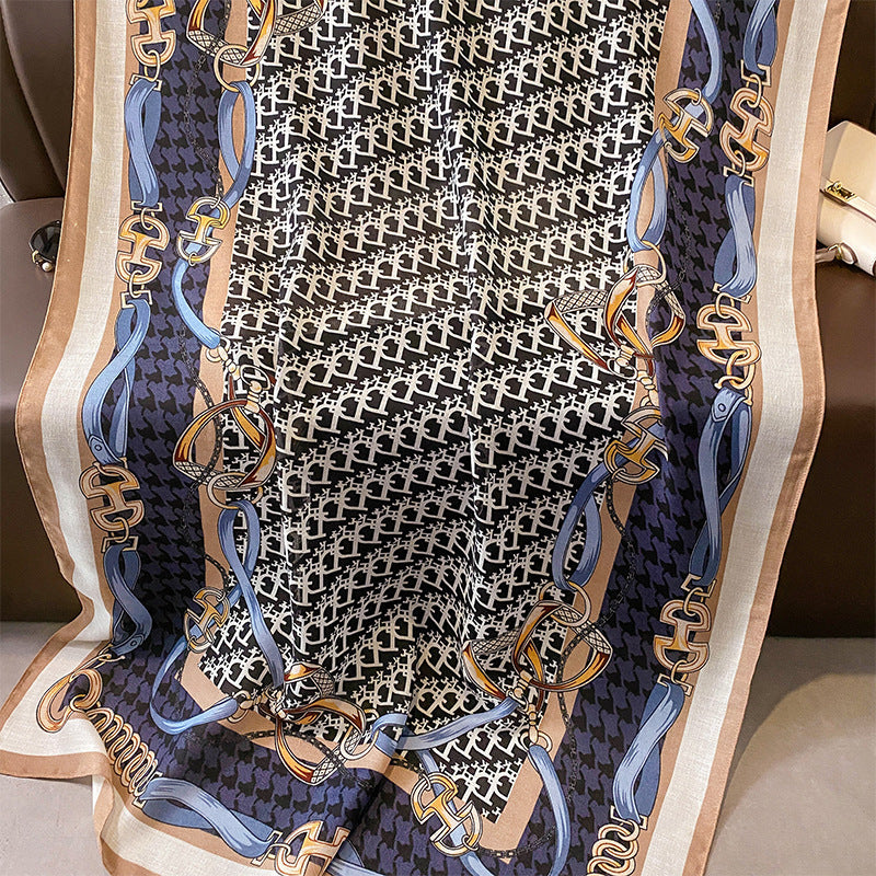 スカーフおしゃれな字母柄チェーンプリント柄綿麻手触りスカーフストール女性