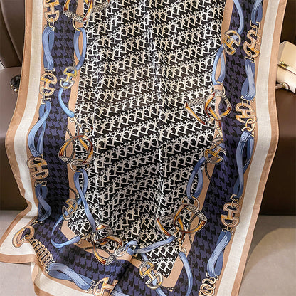 スカーフおしゃれな字母柄チェーンプリント柄綿麻手触りスカーフストール女性