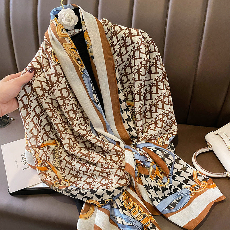 スカーフおしゃれな字母柄チェーンプリント柄綿麻手触りスカーフストール女性