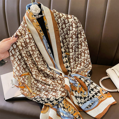 スカーフおしゃれな字母柄チェーンプリント柄綿麻手触りスカーフストール女性