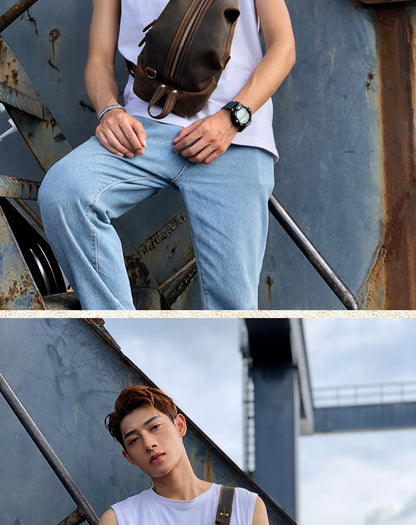 メンズバストバッグ 牛革本革製 手作り カジュアルヴィンテージ個性韩国ファッション男性用斜めがけバッグ