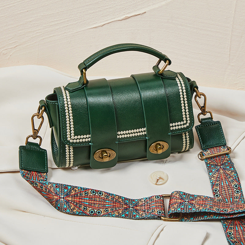 レディースバッグレトロ本革ハンドバッグ円筒バッグ牛革シンプルメッセンジャーバッグ流行ショルダーバッグ.ポシェット