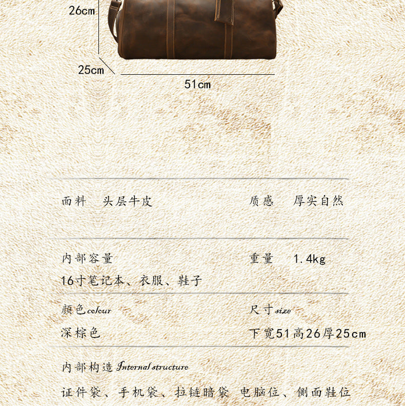 メンズ旅行かばん 大容量 牛革 クレイジー・ホース 手作業 レトロ 斜めがけ手提げかばん ファッション男性用荷物かばん
