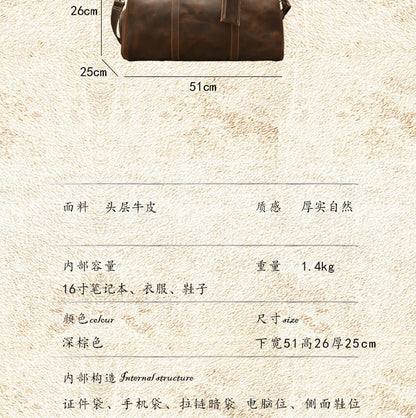 メンズ旅行かばん 大容量 牛革 クレイジー・ホース 手作業 レトロ 斜めがけ手提げかばん ファッション男性用荷物かばん