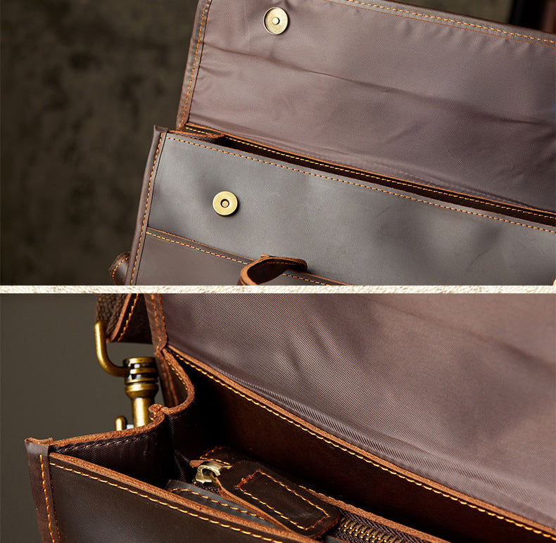 メンズハンドバッグ手提げかばん手作業牛皮本革製クレイジー・ホース斜めがけショルダーバッグ男性用OLビジネスカジュアルブリーフケースパソコンバッグ