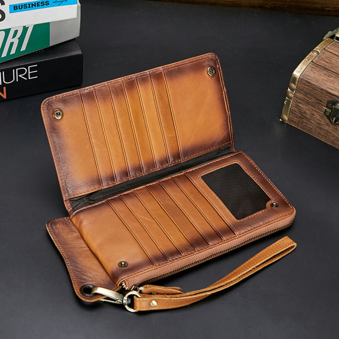 メンズ長財布 牛革ファスナー カード入れ 大容量クラッチバッグ 男性用ウォレット