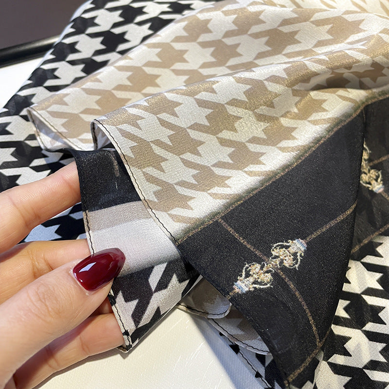 シルクスカーフ千鳥格子カラーマッチングマフラー何とでも合うシルク二重リボンロングスカーフ