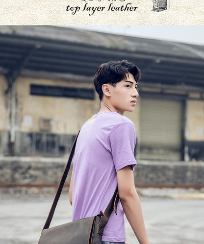 メンズメッセンジャーバッグ 手作り 牛皮本革製 クレイジー・ホース レトロ カジュアル ショルダーバッグ  斜めがけパソコンバッグ