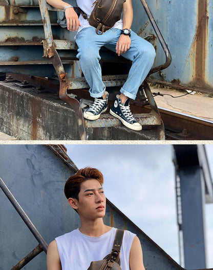 メンズバストバッグ 牛革本革製 手作り カジュアルヴィンテージ個性韩国ファッション男性用斜めがけバッグ