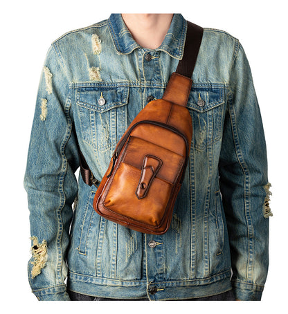 メンズバストバッグ牛革本革製レトロカジュアル男性用斜めがけバッグ