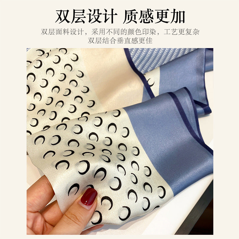 シルクスカーフ二重プリント柄ネクタイロングマフラー女リボン気質ネッカチーフ