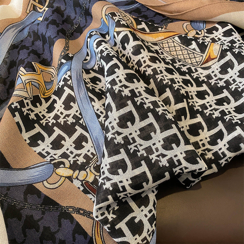 スカーフおしゃれな字母柄チェーンプリント柄綿麻手触りスカーフストール女性