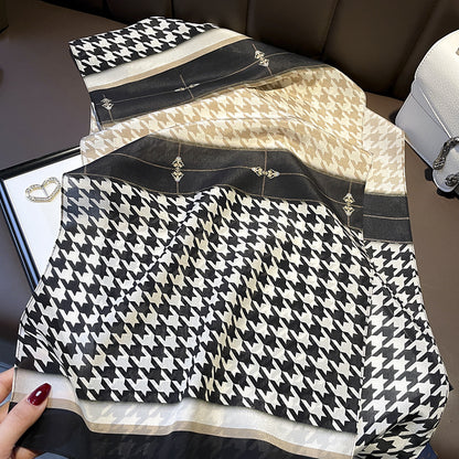 シルクスカーフ千鳥格子カラーマッチングマフラー何とでも合うシルク二重リボンロングスカーフ