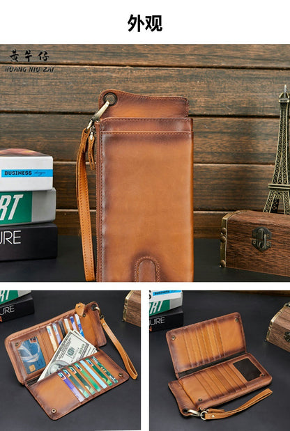 メンズ長財布 牛革ファスナー カード入れ 大容量クラッチバッグ 男性用ウォレット